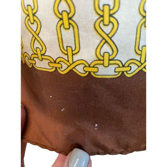 Glentex long silk scarf white brown trim gold chain pattern vintage - Picture 3 of 6
